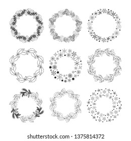 Set of hand drawn pine with cone, mistletoe and holly, stars and snowflakes frames. Christmas holiday floral coniferous wreaths for decoration. Vector isolated evergreen branches borders.