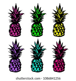 Set of hand drawn pineapples in bright colors. Exotic fruit. Vector illustration. For summer design, banner, print, poster, fashion