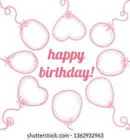 Set of hand drawn pink ballons of different shapes on white background