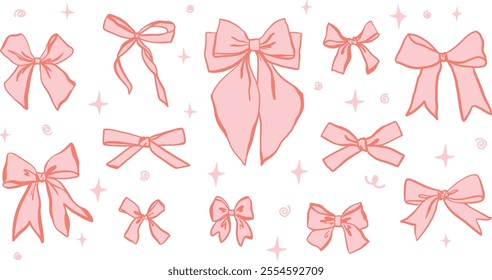 Set of hand drawn pink bows in coquette aesthetic, doodle bow knots ang gift bows for decoration valentine gift