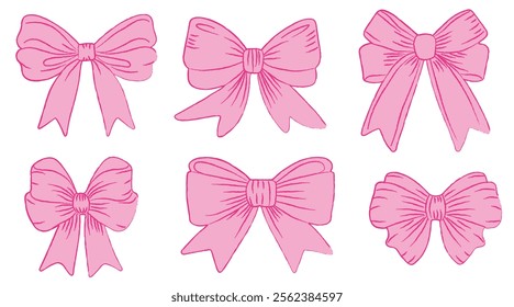 Set of hand drawn pink bows and hearts. Gift ribbons in hand drawn and flat styles. Fashionable vector illustration. Hair accessory. Bows for gift wrapping