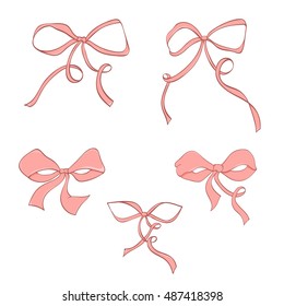 Set of hand drawn pink bows. Vector illustration of ribbons isolated on white background.