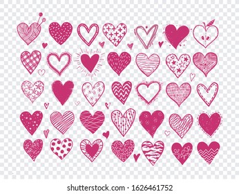 Set of hand drawn pink doodle sketch hearts. Vector illustration.