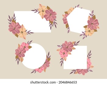 Set of Hand Drawn Pink Flowers and Leaf Bouquet Frame