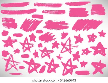 Set of hand drawn pink grunge stars, elements, banners, brush strokes isolated on white. Vector illustration.