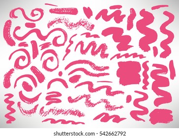 Set of hand drawn pink grunge elements, banners, brush strokes isolated on white. Vector illustration.