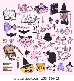 Set of hand drawn pink Halloween clipart elements.