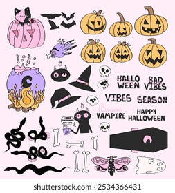 Conjunto de Elementos de Clipart de Halloween rosa dibujado a mano.