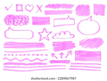 Set of hand drawn pink highlighter design elements. Marker color strokes, lines, arrows, heart, star. Talk bubbles, text boxes. Vector illustration. Marker underlines. Frames and borders