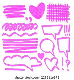 Set of hand drawn pink highlighter design elements. Marker color strokes, lines, heart, clouds, punctuation marks. Talk bubbles, text boxes. Vector illustration. Marker underlines. Frames and borders