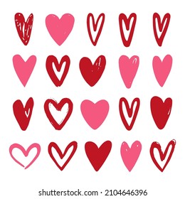 Set of hand drawn pink and red hearts on white background. Vector illustration.