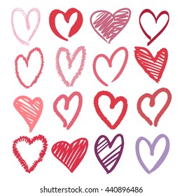 Set of hand drawn pink and red scribbled hearts. Vector grunge style icons collection.