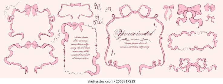 Set of hand drawn pink ribbon frames in vintage style. Trendy coquette decoration elements, ribbons, bows for romantic designs, wedding invitations, cards greeting cards, valentine postcards etc.