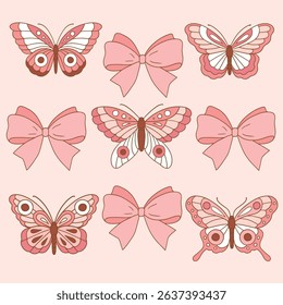 Set of hand drawn pink vector bows and butterfly for clipart sticker or nursery design.