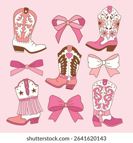 Set of hand drawn pink vector bows and western boots for clipart sticker or nursery design.