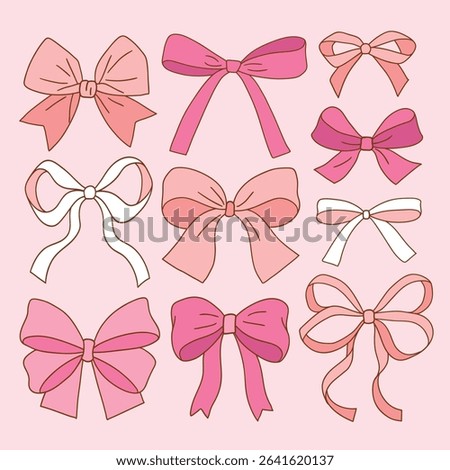 Set of hand drawn pink vector bows for clipart sticker or nursery design.