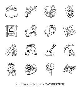 Conjunto de ícones de aventura pirata desenhados à mão 
