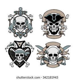 Set  of hand drawn pirate emblems with skull. Logos skulls in vintage style