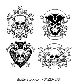 Set of hand drawn pirate emblems with skull. Logos skulls in vintage style