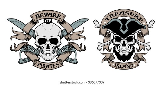 Set of hand drawn pirate emblems with skull and lettering. Logos skulls in vintage style