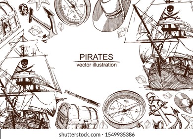Set of hand drawn pirate ship, pirate hat, spyglass, compass, sea shell, starfish, treasure chest, anchor. 
 Elements isolated on white background. Sketch with line art.