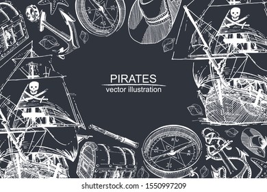 Set of hand drawn pirate ship, pirate hat, spyglass, compass, sea shell, starfish, treasure chest, anchor. 
 Elements isolated on black background. Sketch with line art.