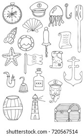 Set of hand drawn pirates icons - pirate, rum, bell, seashell, anchor, jellyfish, light house, trunk.