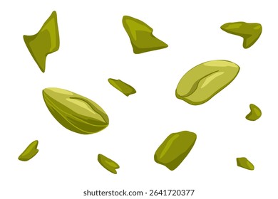 Set of hand drawn pistachios. Cartoon flat green crushed kernel. Isolated vector nuts and design elements. For healthy food packaging, snack branding, menu visuals, stickers
