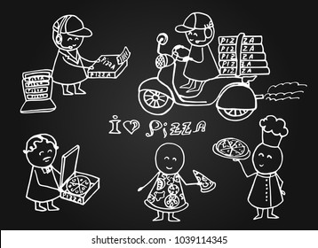 Set hand drawn Pizza delivery icons on chalkboard. Vector illustration for backgrounds, web design, posters.
