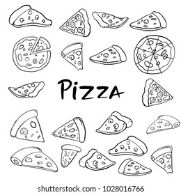 Set of hand drawn pizza isolated on white background. Vector illustration