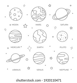 Set of hand drawn planets and moon for coloring page or children book