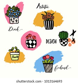 A set of hand drawn plant pots, Brush Ink Illustration, Collection of Flowers and Plants in Black and Bright Color, Cute Pattern Pots