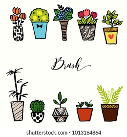 A set of hand drawn plant pots, Brush Ink Illustration, Collection of Succulent, Flowers and Plants in Black and Bright Color, Cute Pattern Pots