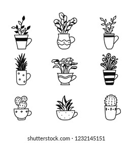 Set of hand drawn plants in cup. Cartoon hand drawning plants. Vector illustration in sketch doodle cute style.