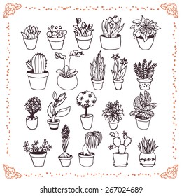 Set Of Hand Drawn Plants In Pots Doodles On White Background