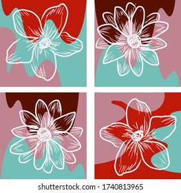 Set of hand drawn playful flower vector illustration. Design with red, blue, rose colors