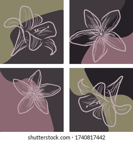 Set of hand drawn playful flower vector illustration. Design with purple, green, grey  colors