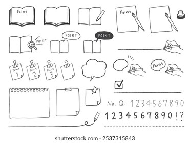 Set of hand drawn point icons and numbers and note paper