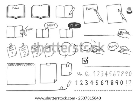 Set of hand drawn point icons and numbers and note paper