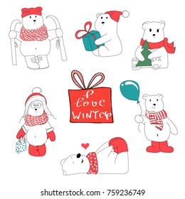 Set with hand drawn polar bears. Merry Christmas greetings with cute bears