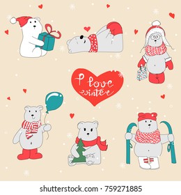Set with hand drawn polar bears. Merry Christmas greetings with cute bears