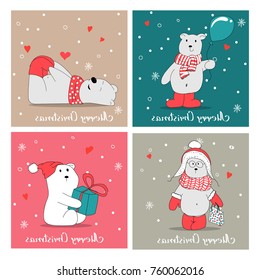 Set with hand drawn polar bears. Merry Christmas greetings with cute bears