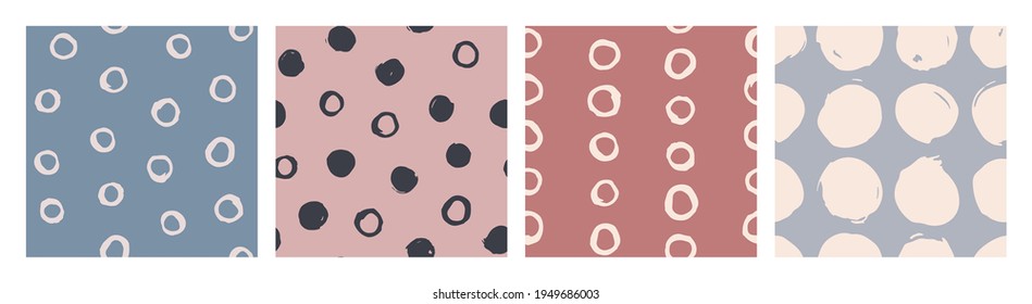 Set of hand drawn polka dots seamless vector patterns. Modern bright background for prints and wrapping paper. Contemporary abstract vector illustration. Trendy backdrop in grunge style with dots