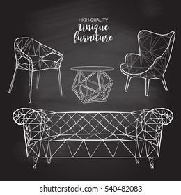 Set of hand drawn polygonal furniture and interior detail chairs sofa round coffee table vector sketch chalk drawing on the blackboard doodles, store, apartment, promotion, sale, ads