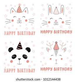 Set of hand drawn portraits of cute funny animals in party hats, with text Happy Birthday. Isolated objects on white background. Vector illustration. Design concept for children, party, celebration.