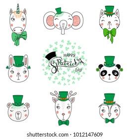 Set of hand drawn portraits of cute funny animals in leprechaun top hats, with text Happy Saint Patrick's day. Isolated objects. Vector illustration. Design concept for children, celebration.