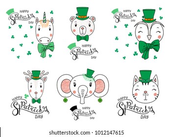 Set of hand drawn portraits of cute funny animals in leprechaun top hats, with text Happy Saint Patrick's day. Isolated objects. Vector illustration. Design concept for children, celebration.
