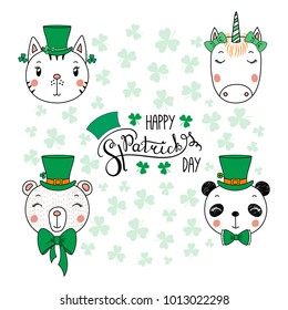 Set of hand drawn portraits of cute funny animals in leprechaun top hats, with text Happy Saint Patrick's day. Isolated objects. Vector illustration. Design concept for children, celebration.