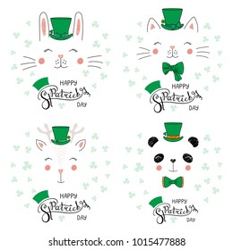 Set of hand drawn portraits of cute funny animals in leprechaun top hats, with text Happy Saint Patrick's day. Isolated objects. Vector illustration. Design concept for children, celebration.