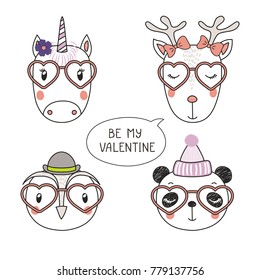 Set of hand drawn portraits of cute funny animals in heart shaped glasses, with romantic quotes. Isolated objects on white background. Vector illustration. Design concept children, Valentines day card